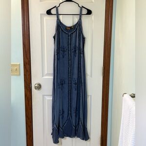 Vintage Indigo Blue w/ Embroidered Green Vines & Blue Floral Print Sundress Lg